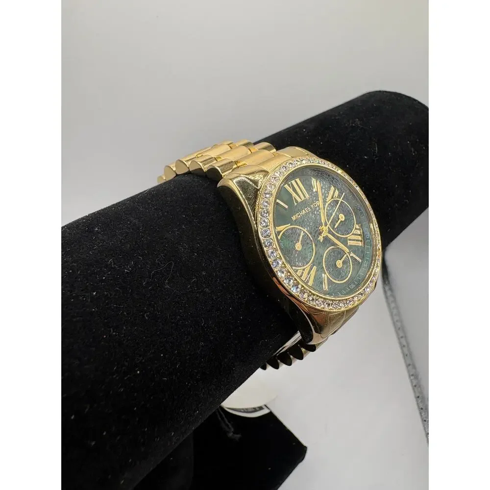 Michael Kors Women Watch Gold Green Dial Roman Numeral Crystal Bezel Nwt Green